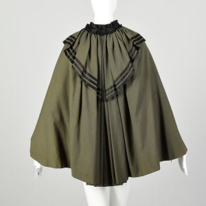 OSFM 1900s Green Wool Victorian Cape Full Layered Satin RibbonTrimmed - Fashionconservatory.com