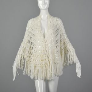 OSFM 1970s White Shawl Crochet Open Weave Wrap Poncho with Fringe