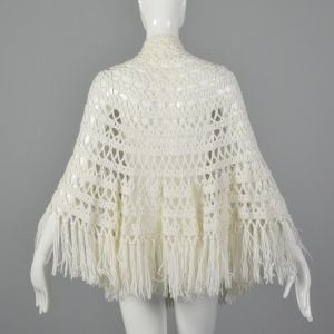 OSFM 1970s White Shawl Crochet Open Weave Wrap Poncho with Fringe   - Fashionconservatory.com