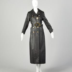 Large 1960s Mod Black Faux Leather Trench Coat Matching Belt Double Breasted with Gold Buttons