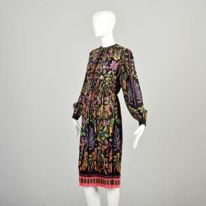 S-M 1970s Multicolor Floral Dress Pleated Black Cuffed Long Sleeve Flowy Colorful Pschedelic Dress - Fashionconservatory.com