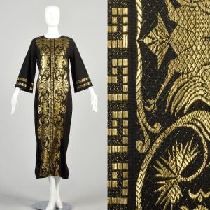 Medium 1970s Black Cotton Kaftan Gold Metallic Ethnic Tapestry Border Long Sleeve Maxi Dress 