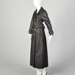 Large 1960s Mod Black Faux Leather Trench Coat Matching Belt Double Breasted with Gold Buttons - Fashionconservatory.com