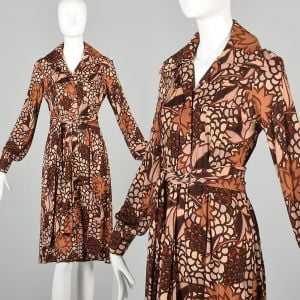 Small 1970s La Mendola Italy Brown Silk Floral Dress Long Sleeve Boho Designer