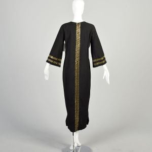 Medium 1970s Black Cotton Kaftan Gold Metallic Ethnic Tapestry Border Long Sleeve Maxi Dress  - Fashionconservatory.com