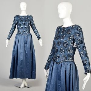Small 1990s Victoria Royal Evening Gown Beaded Long Sleeve Formal Dress Blue Satin 