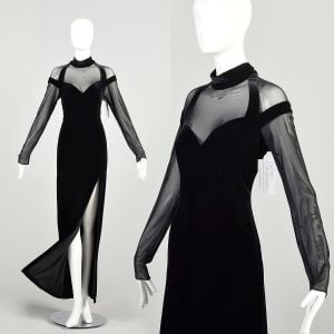 L-XL 1990s Black Stretch Velvet Dress Long Sleeve Sheer Mesh High Thigh Side Slit Formal Prom Maxi 