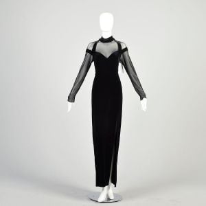 L-XL 1990s Black Stretch Velvet Dress Long Sleeve Sheer Mesh High Thigh Side Slit Formal Prom Maxi  - Fashionconservatory.com