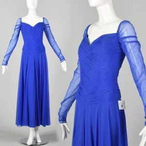 Large 1980s Vicky Tiel Blue Mesh Dress Sheer Gown Long Sleeves Ruched Bodice 