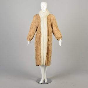 XL 1990s Tan Leather Maxi Coat with White Fur Trim Bohemian Style Good Condition Fully Lined