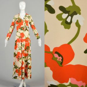 S-M 1970s Beige Orange Floral Dress V Neck Long Sleeve Lightweight Knit Colorful Psychedelic Maxi 