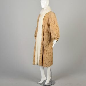 XL 1990s Tan Leather Maxi Coat with White Fur Trim Bohemian Style Good Condition Fully Lined - Fashionconservatory.com