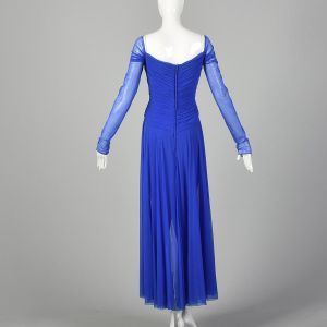 Large 1980s Vicky Tiel Blue Mesh Dress Sheer Gown Long Sleeves Ruched Bodice  - Fashionconservatory.com