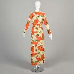 S-M 1970s Beige Orange Floral Dress V Neck Long Sleeve Lightweight Knit Colorful Psychedelic Maxi  - Fashionconservatory.com