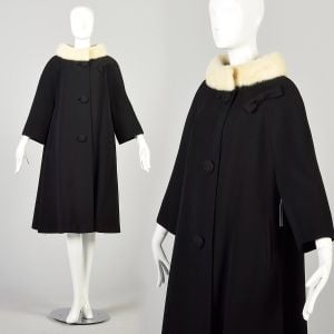XL 1950s Black Wool Swing Coat with White Mink Collar and Big Buttons Bracelet Sleeves 