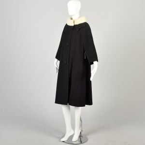 XL 1950s Black Wool Swing Coat with White Mink Collar and Big Buttons Bracelet Sleeves  - Fashionconservatory.com