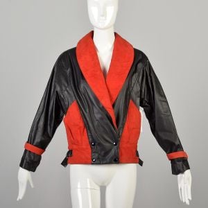 Small 1990s Color Block Black Leather Red Suede Moto Jacket Long Sleeve Double Breasted  