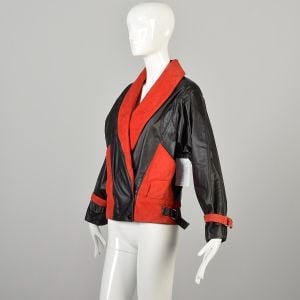 Small 1990s Color Block Black Leather Red Suede Moto Jacket Long Sleeve Double Breasted   - Fashionconservatory.com