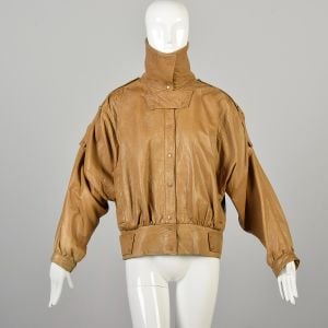 Small 1990s Tan Leather Oversized Fit Jacket with Batwing Sleeves Fully Lined - Fashionconservatory.com