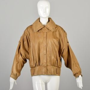 Small 1990s Tan Leather Oversized Fit Jacket with Batwing Sleeves Fully Lined