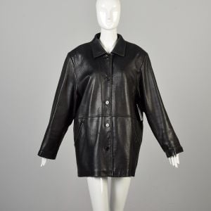 XXL 1990s Black Leather Collared Coat Fully Lined with Detachable Lining Long Sleeved