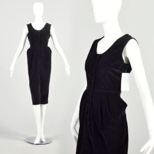 Medium 1940s Black Velvet Dress Hourglass Pencil Knee Length Button Front Sleeveless Pin Up Dress 