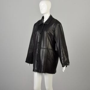XXL 1990s Black Leather Collared Coat Fully Lined with Detachable Lining Long Sleeved - Fashionconservatory.com