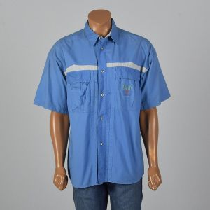 XL 1980s Shirt Bugle Boy Blue Short Sleeve Flap Pockets Shell Buttons Lightweight Button Up