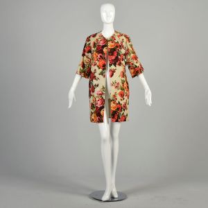 M-L 1960s Floral Cotton Jacket Open Front Edith Flagg Clutch Coat Bracelet Sleeve Lightweight 