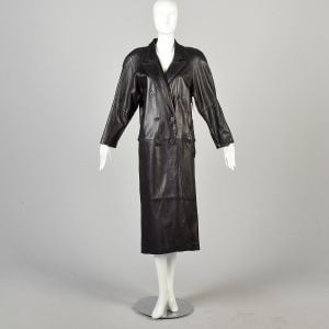 XL 1980s Black Leather Double Breasted Collared Trench Coat with Shoulder Pads