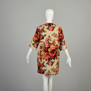 M-L 1960s Floral Cotton Jacket Open Front Edith Flagg Clutch Coat Bracelet Sleeve Lightweight  - Fashionconservatory.com