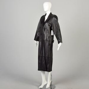 XL 1980s Black Leather Double Breasted Collared Trench Coat with Shoulder Pads - Fashionconservatory.com