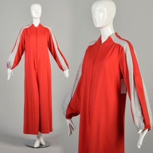 Large 1970s Red Sweatshirt Robe Grey Stripe Bishop Sleeve Periphery Maxi Housecoat