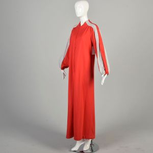 Large 1970s Red Sweatshirt Robe Grey Stripe Bishop Sleeve Periphery Maxi Housecoat - Fashionconservatory.com