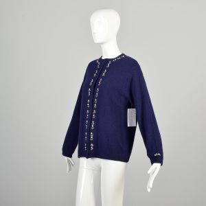 Medium 1980s Navy Blue Knit Sweater Spring Pastel Floral Embroidered Button Front Jeanne Marcoux  - Fashionconservatory.com