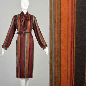 XL 1970s Red Orange Stripe Dress Jersey Knit Belt Neck Bow Long Sleeve Knee Length Casual Day Dress 