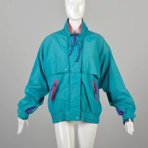 Medium 1980s Teal Windbreaker with Hot Pink and Purple Zippered Snap Closure and Elastic Waist