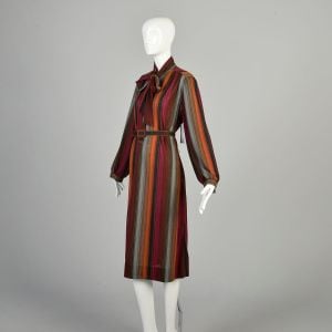 XL 1970s Red Orange Stripe Dress Jersey Knit Belt Neck Bow Long Sleeve Knee Length Casual Day Dress  - Fashionconservatory.com