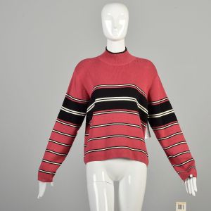 M-L 1990s Red Black Stripe Sweater Mock Neck Long Sleeve Jeanne Pierre Medium Knit Pullover 