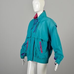 Medium 1980s Teal Windbreaker with Hot Pink and Purple Zippered Snap Closure and Elastic Waist - Fashionconservatory.com