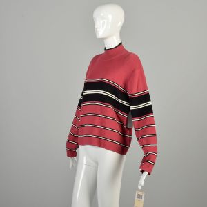 M-L 1990s Red Black Stripe Sweater Mock Neck Long Sleeve Jeanne Pierre Medium Knit Pullover  - Fashionconservatory.com