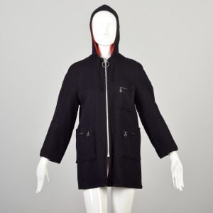Medium Vintage 1960s Dark Navy Wool Hooded Coat with Red Lining Cropped Sleeves