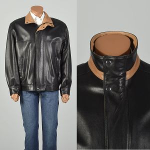 Large Mens North Beach Leather Black Bomber Jacket Luxury Outerwear