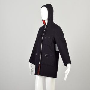 Medium Vintage 1960s Dark Navy Wool Hooded Coat with Red Lining Cropped Sleeves - Fashionconservatory.com