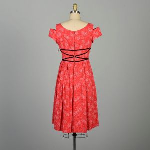 XXS 1950s Novelty Print Dress Cotton Red Rose Faux Corset Laced Waist - Fashionconservatory.com