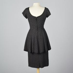 Medium 1950s Lace Overlay Dress Black Rockabilly Peplum Waist Pencil Wiggle Skirt Short Sleeves  - Fashionconservatory.com