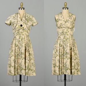 XS 1950s Novelty Print Dress Atomic Summer Cotton Casual Shelf Bust Bolero