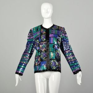 Large 1990s Jewel Tone Sequin Jacket Bright Color Block Geometric Holiday Separate