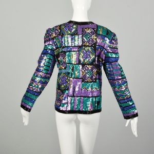 Large 1990s Jewel Tone Sequin Jacket Bright Color Block Geometric Holiday Separate - Fashionconservatory.com