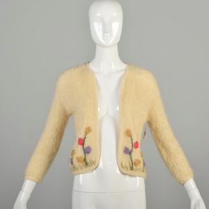 XS 1960s Cream Boucle´ Knit Cardigan Open Front Colorful Spring Floral Bracelet Sleeve Sweater 